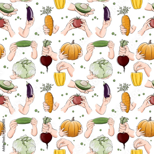 Seamless pattern with vegetables. Avocado, eggplant, tomato, pepper, cucumber, cabbage, carrot, beetroot, pumpkin. Hands holding food. Vegetarian day. Isolated on white background.
