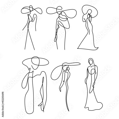 One Line Art Woman in dress Drawing.  Woman in hat Vector. Female Logo. Contouring Line. Minimalist Hat. Wedding salon