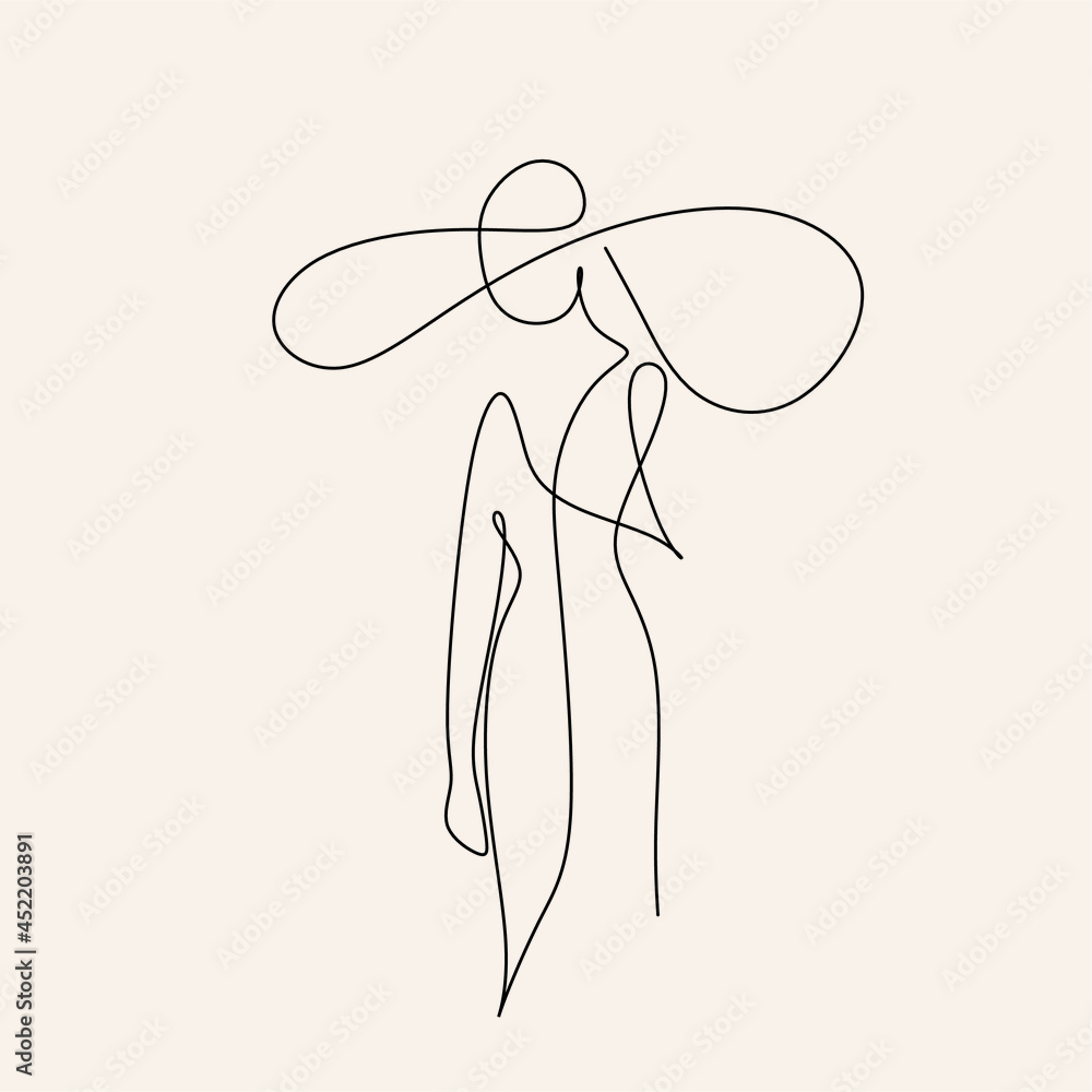 One Line Art Woman in dress Drawing. Woman in hat Vector. Female Logo. Contouring Line. Minimalist Hat. Wedding salon One Line Art Woman in dress Drawing. Woman in hat Vector. Female Logo. Contouring Line. Minimalist Hat. Wedding salon