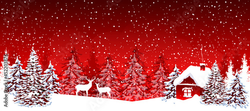 Snowy night on Christmas Eve. Winter night. Small house in a beautiful winter forest. Deer. Snow, snowflakes. Red background