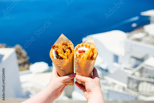 Greek gyros wrapped in pita bread