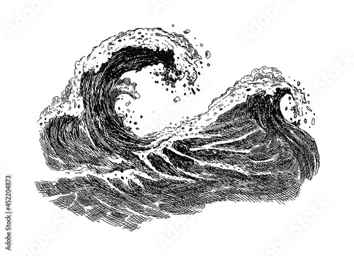 Sea wave sketch. Hand drawn ocean tidal storm waves isolated on white background for surfing and seascape. Close up of sea tide. Travel and vacations concept. Vector illustration in sketch style.