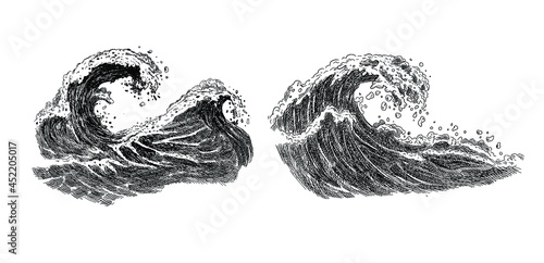 Sea wave sketch. Hand drawn ocean tidal storm waves isolated on white background for surfing and seascape. Close up of sea tide. Travel and vacations concept. Vector illustration in sketch style.