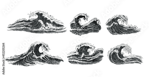 Sea wave sketch. Hand drawn ocean tidal storm waves isolated on white background for surfing and seascape. Close up of sea tide. Travel and vacations concept. Vector illustration in sketch style.