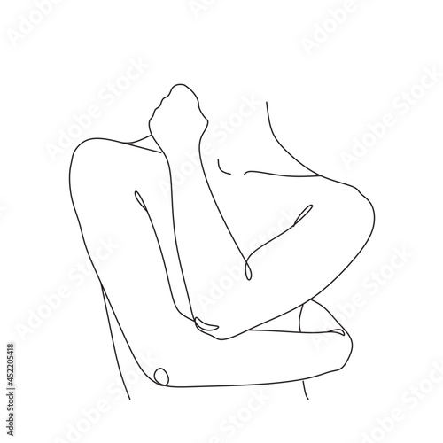 Woman hugging herself in continuous line drawing, Love your body concept, Isolated on the white background, vector illustration monochrome, Drawing by lines, Minimalist Style.