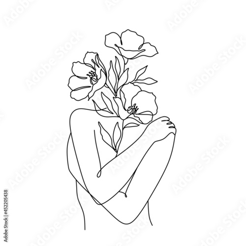 Woman hugging herself in continuous line drawing, Love your body concept, Isolated on the white background, vector illustration monochrome, Drawing by lines, Minimalist Style.