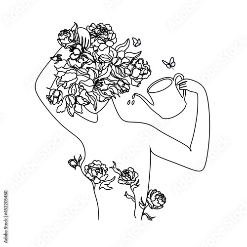 Woman hugging herself in continuous line drawing, Love your body concept, Isolated on the white background, vector illustration monochrome, Drawing by lines, Minimalist Style.
