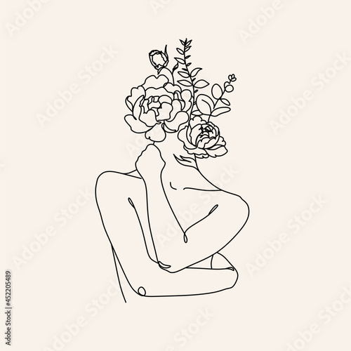 Woman hugging herself in continuous line drawing, Love your body concept, Isolated on the white background, vector illustration monochrome, Drawing by lines, Minimalist Style.