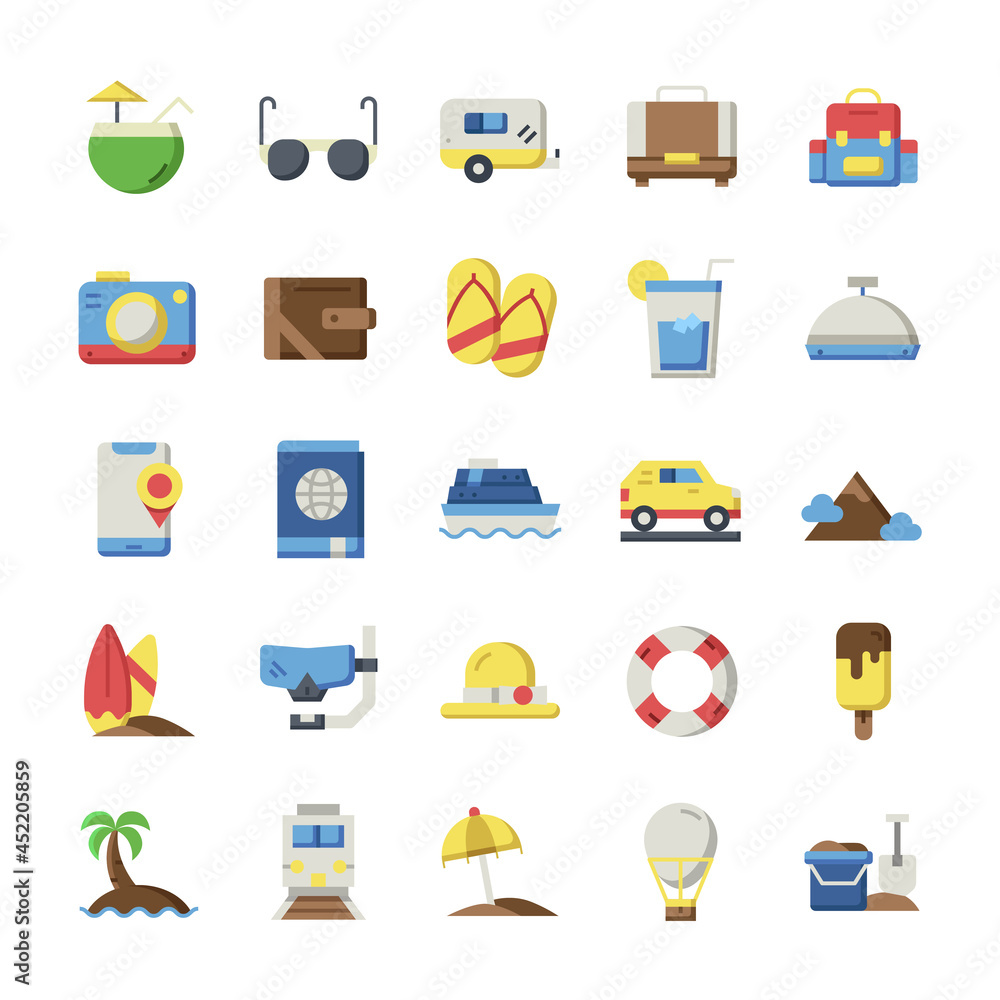 Set of Vacation icons with flat style. Set of Vacation icons with flat style.