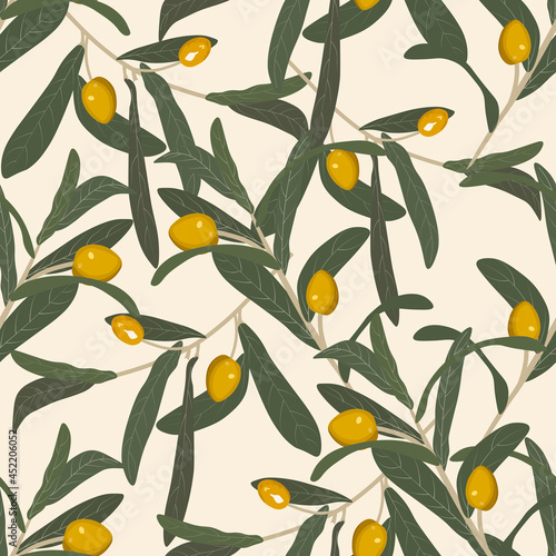 Olive branch with green olives seamless pattern.An endless pattern of green leaves. For wrapping paper. Ideal for wallpaper, surface textures, textiles.