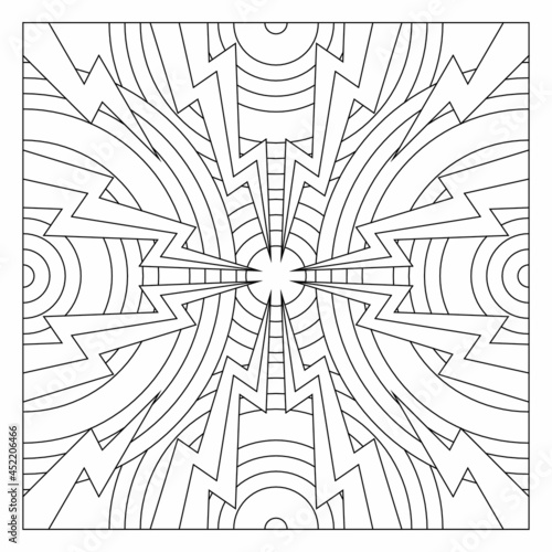 Easy coloring pages for seniors. Tile pattern design. The polar array of 8 or the arrangement of 8 copies of the lightnings in a circular form with offset circles on the background. EPS8. #283