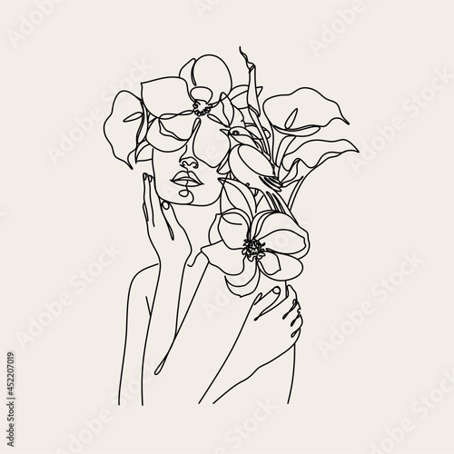 Woman head with flowers composition. Hand-drawn vector line-art illustration. One Line style drawing.
