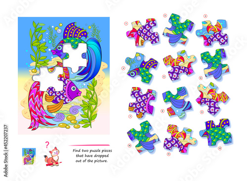 Logic game for children and adults. Find two puzzle pieces that have dropped out of picture. Printable page for kids brain teaser book. Developing spatial thinking. Play online. Vector illustration.