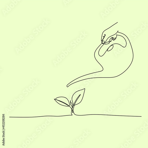 Save  nature line art vector. Two hands with little leaves. continuous line drawing of hand holding growing plant
