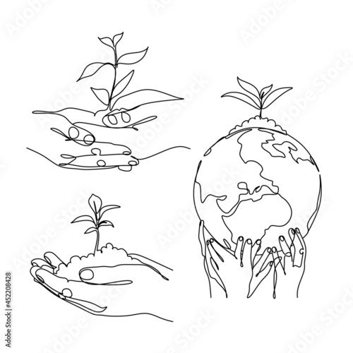 Monochrome banner with hands holding Earth and light bulb surrounded by wind and solar power stations, electric car, plants. Ecology and renewable energy. Vector illustration in line art style
