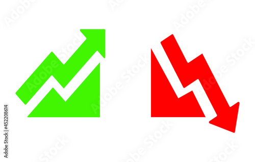 Graph going Up and Down sign with green and red arrows vector. Flat design vector illustration concept of sales bar chart symbol icon with arrow moving down and sales bar chart with arrow moving up.	