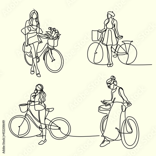 Continuous line, bicycle travel suitable for holiday. Drawing of set Exercise. 