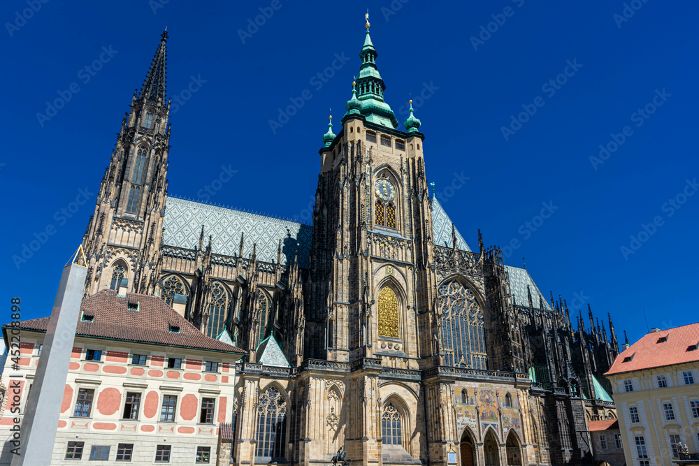 The amazing St. Vitus Cathedral of Prague with blue sky in Czech Republic