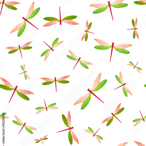 Dragonfly simple seamless pattern. Repeating dress fabric print with damselfly insects. Close up
