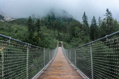 The Hangebrucke  hanging wooden bridge in the forest of Berchtesgaden National Park  Germany