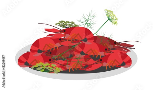 Crayfishes with dill Crown herb, a typical Swedish dish in August. Vector Illustration