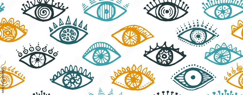 Fototapeta premium Hand drawn human eyes tribal seamless pattern.
