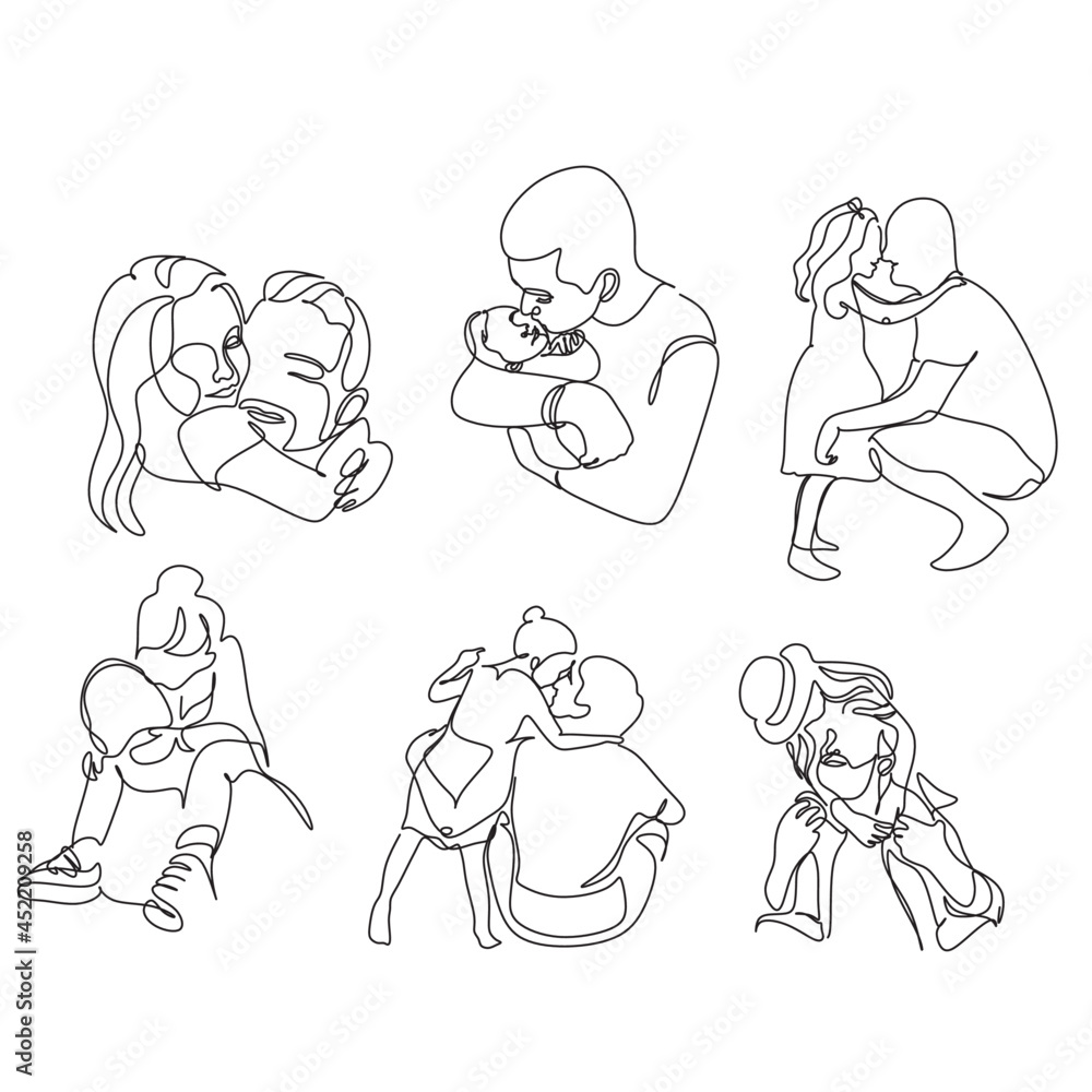 One line drawing. Father holds his happy son . Vector illustration One line drawing. Father holds his happy son . Vector illustration