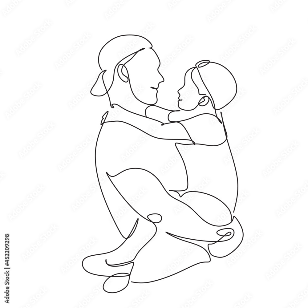 One line drawing. Father holds his happy son . Vector illustration One line drawing. Father holds his happy son . Vector illustration