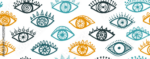 Hand drawn human eyes tribal seamless pattern.