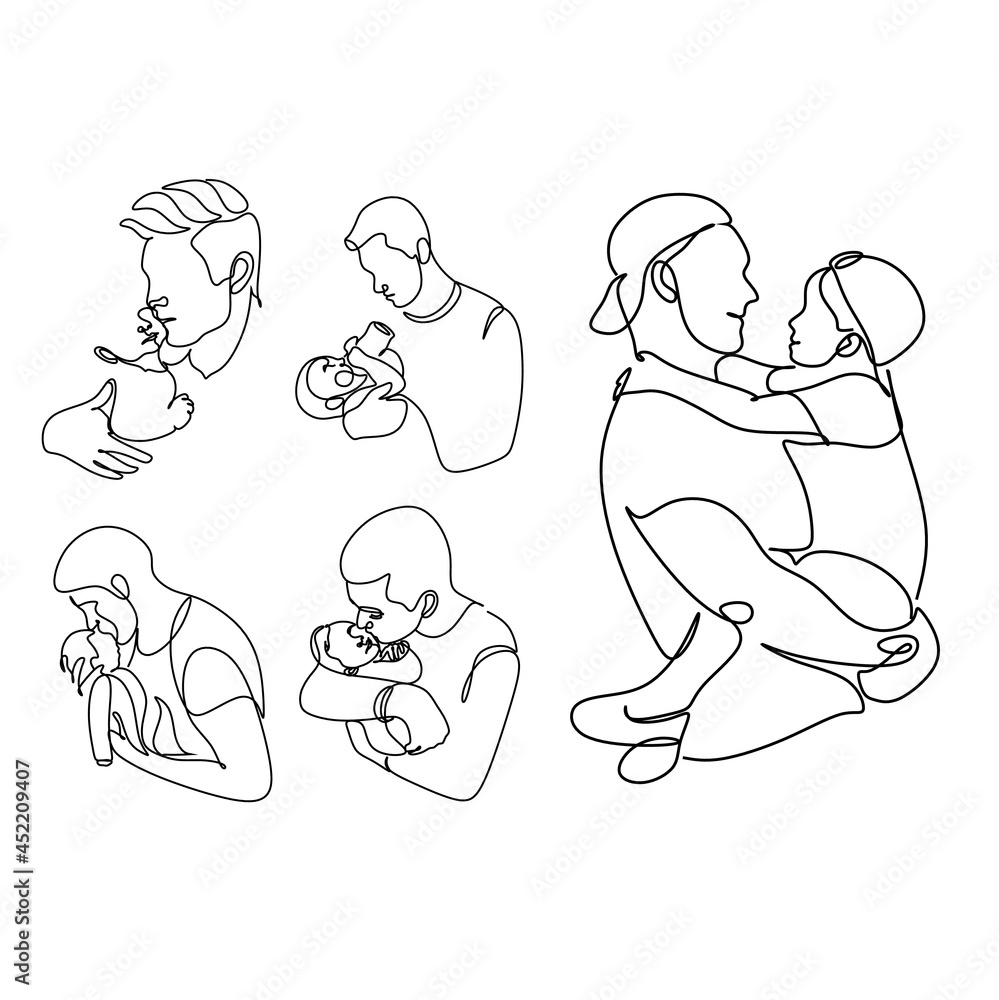 Obraz premium One line drawing. Father holds his happy son . Vector illustration