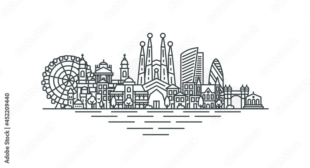 City of Barcelona, Spain architecture line skyline illustration. Linear vector cityscape with famous landmarks, city sights, design icons, with editable strokes isolated on white background.
