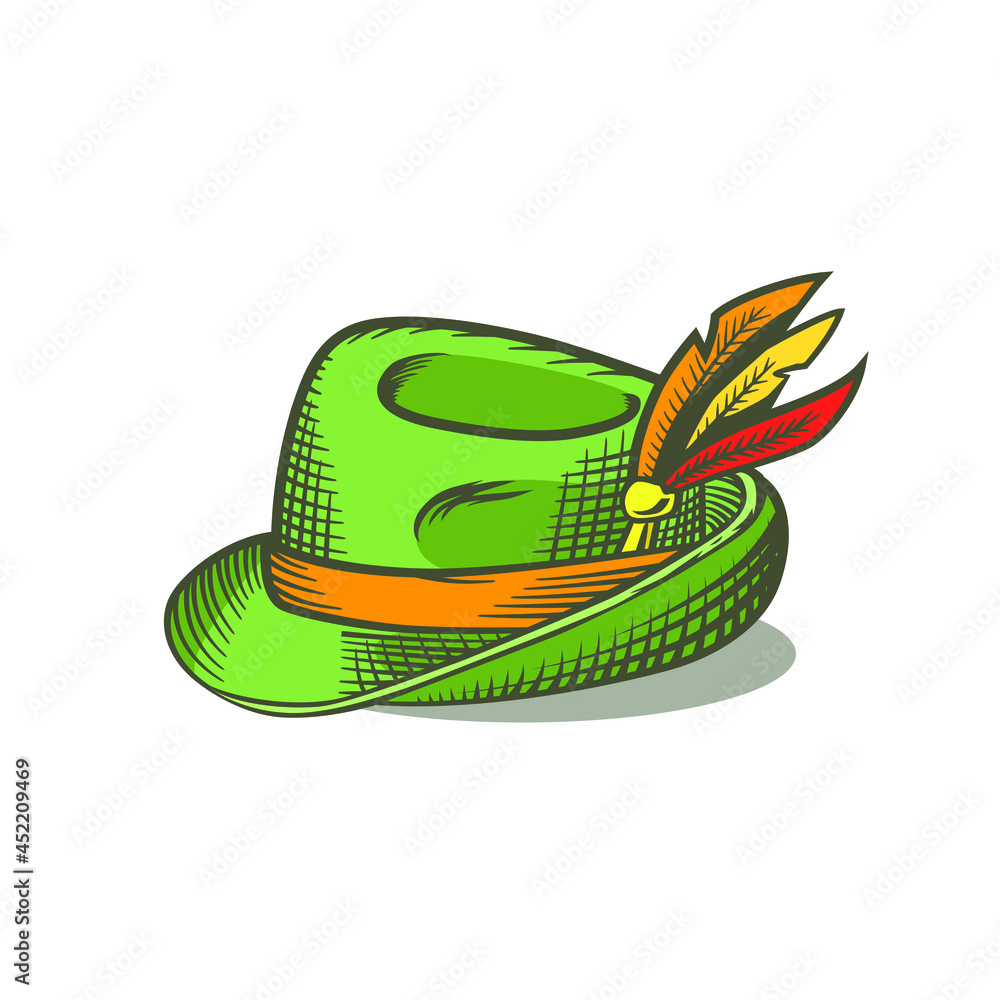 Colorful retro german feather hat. Historical costume party prop