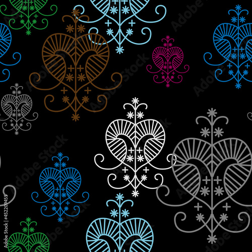 Geometrical seamless pattern with voodoo symbols of goddess Erzulie on black background.