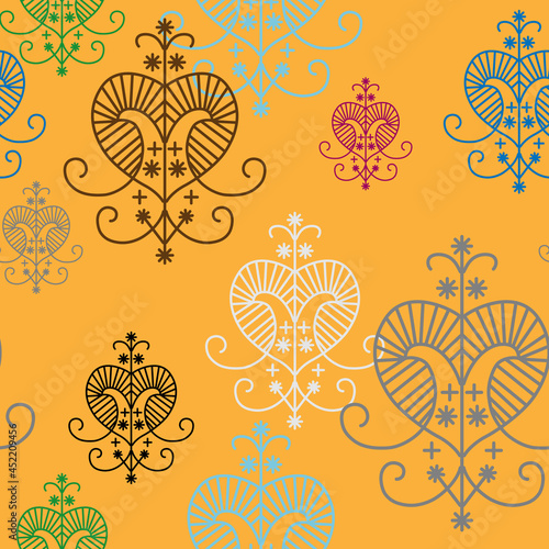 Geometrical seamless pattern with voodoo symbols of goddess Erzulie on yellow background.