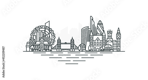 City of London, United Kingdom architecture line skyline illustration. Linear vector cityscape with famous landmarks, city sights, design icons, with editable strokes isolated on white background.