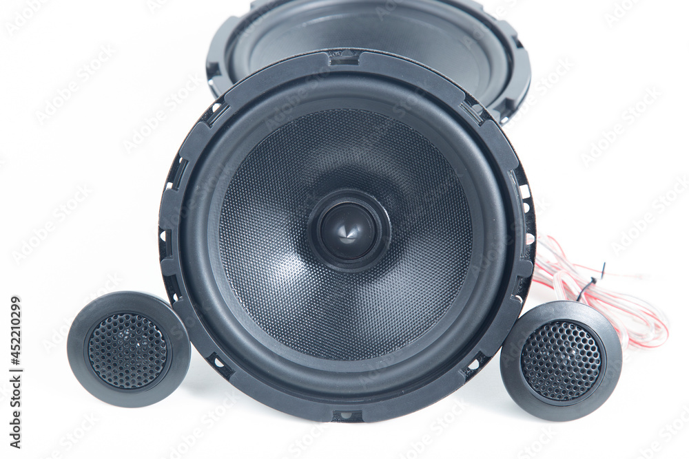 Car audio systems. Component audio system for a car on a white background.