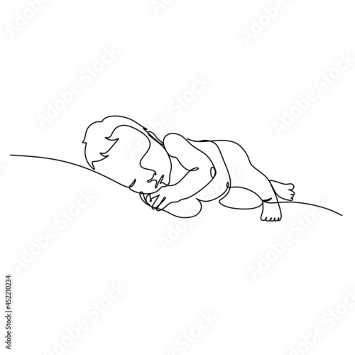 One line drawing illustration of a baby. VectorAbstract minimalist line drawing of small cute baby sleeping