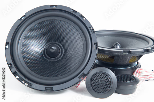 Car audio systems. Component audio system for a car on a white background.