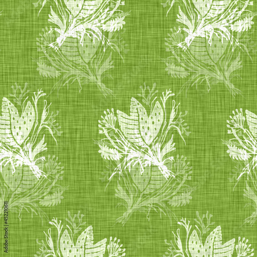 Hand drawn flower motif linen texture. Whimsical garden seamless pattern. Modern spring doodle floral nature textile for home decor. Botanical scandi style rustic green all over print.