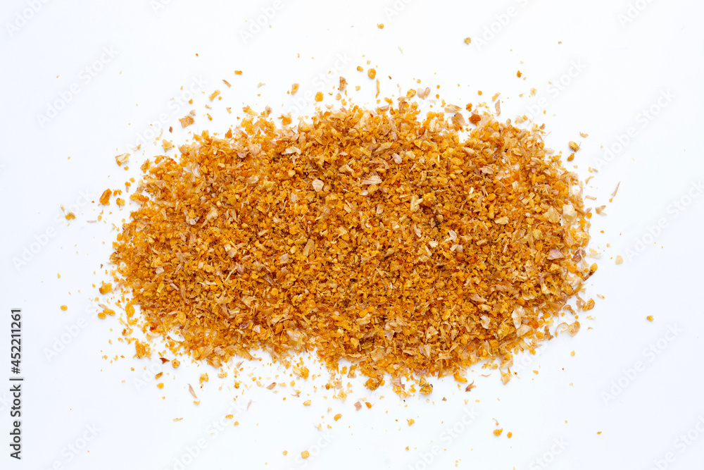 Fried minced garlic recipe on white background. Fried minced garlic recipe on white background.