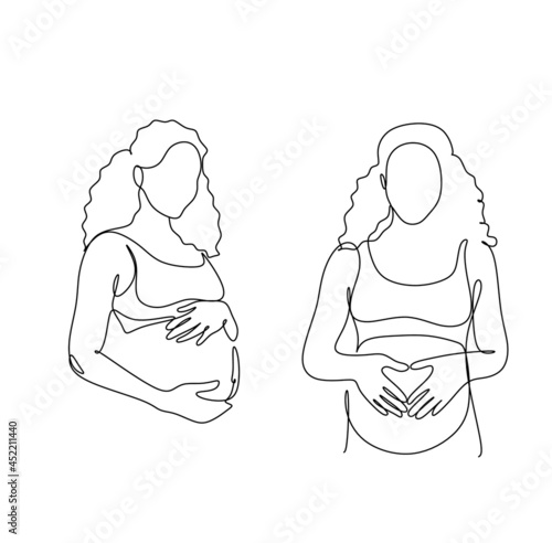Pregnant woman one line drawing on white isolated background. Vector illustration	