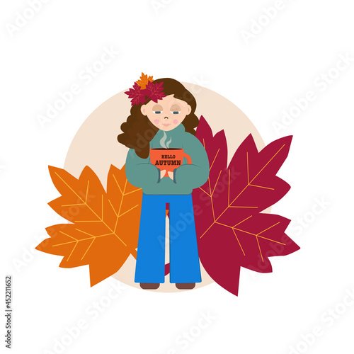 Woman with autumn leaves. Hello Autumn. Hello September.