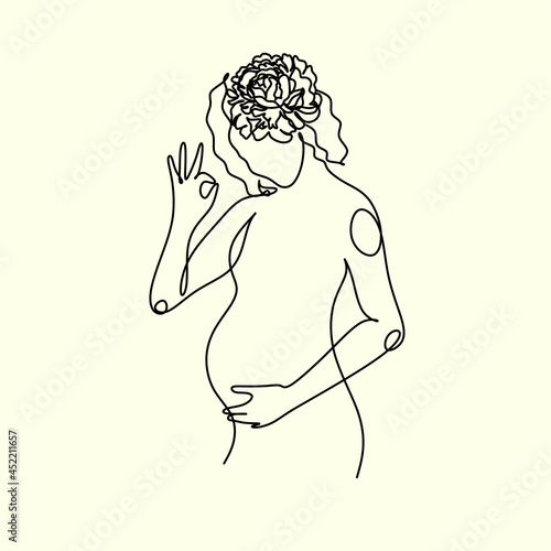 Pregnant woman one line drawing on white isolated background. Vector illustration	