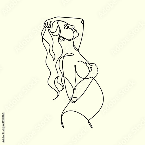 Pregnant woman one line drawing on white isolated background. Vector illustration	