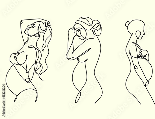 Pregnant woman one line drawing on white isolated background. Vector illustration	