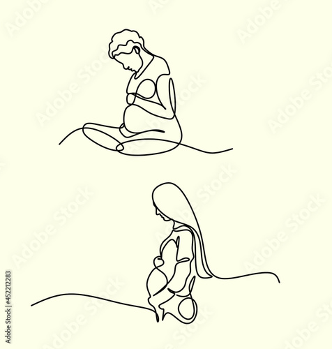 Pregnant woman one line drawing on white isolated background. Vector illustration	