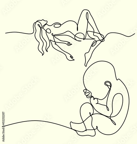 Pregnant woman one line drawing on white isolated background. Vector illustration	