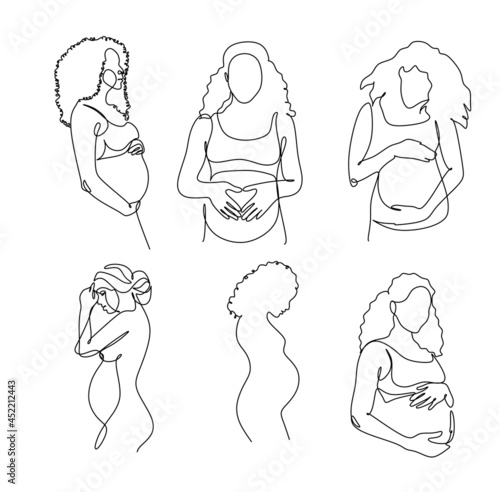 Pregnant woman one line drawing on white isolated background. Vector illustration	