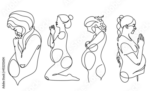 Pregnant woman one line drawing on white isolated background. Vector illustration	