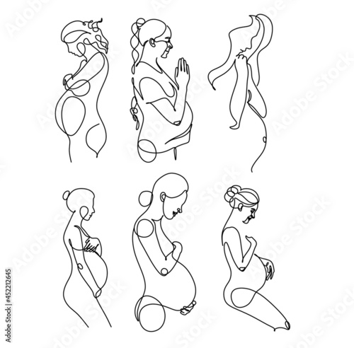 Pregnant woman one line drawing on white isolated background. Vector illustration	